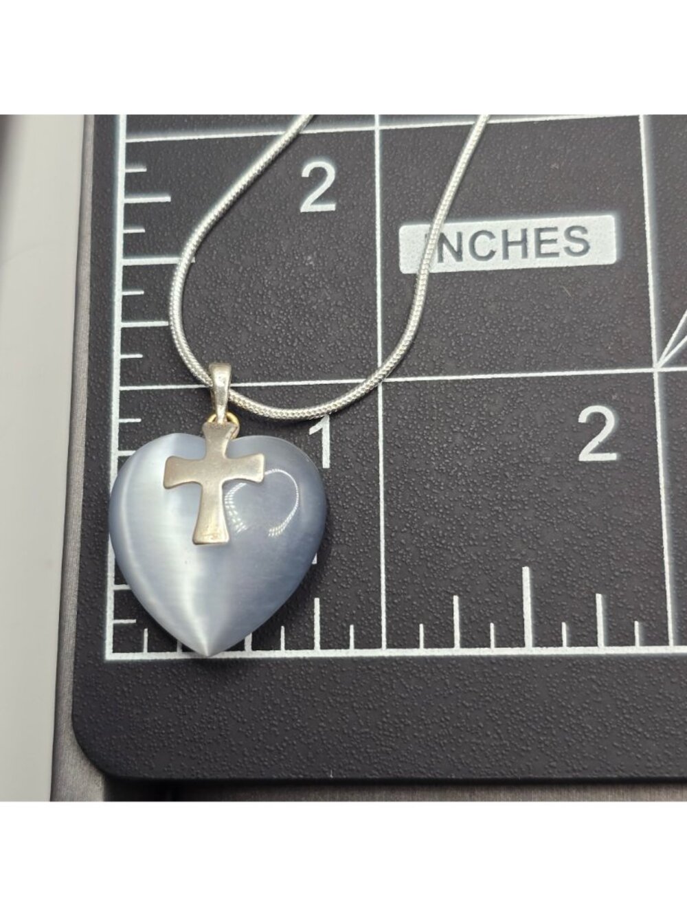Sterling Silver Cats Eye Quartz Heart Cross Pendant Necklace 24" Snake Chain - Picture 8 of 9